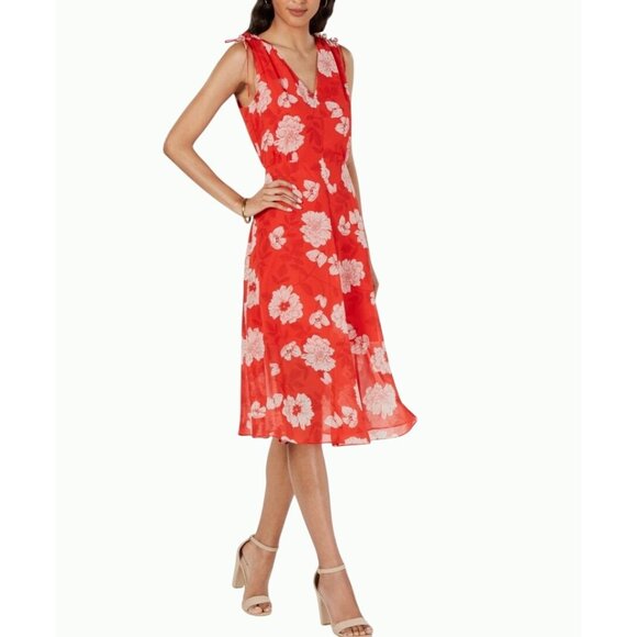 NWT‎ Vince Camuto Red Floral Midi Dress Feminine Flowy Ruffles Sleeveless Size 8 - Picture 1 of 16